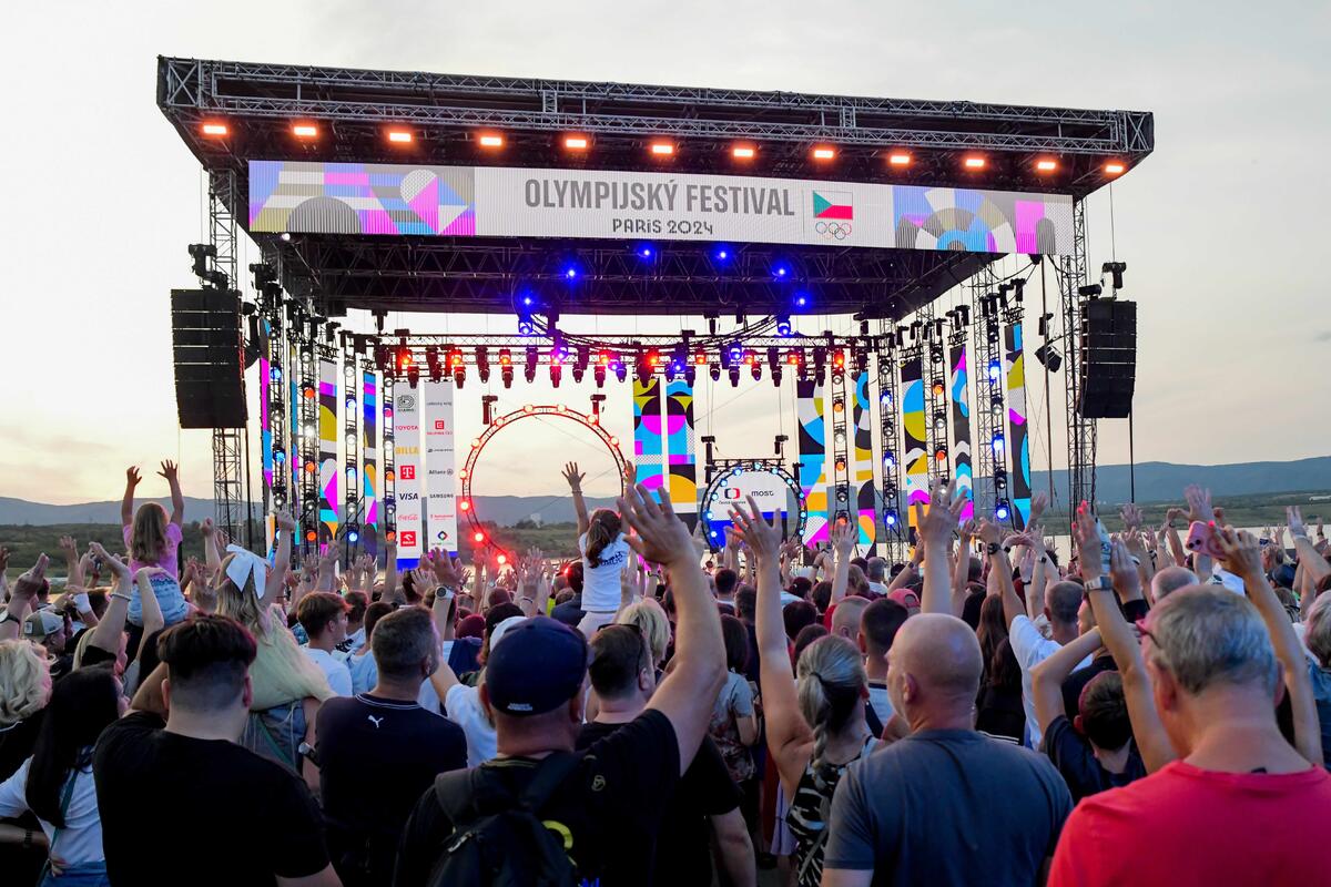 Wide view of the stage roof at the opening of the Olympic Festival at Lake Most